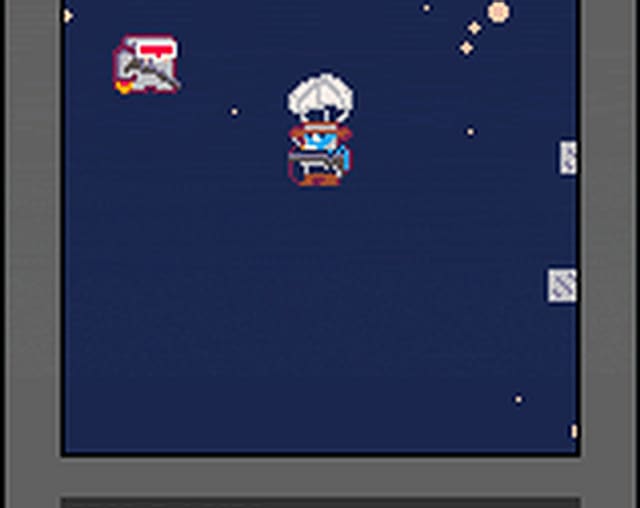 Glass Gunslinger: a tiny character with a gun falling through a dark blue sky inside a grey frame.
