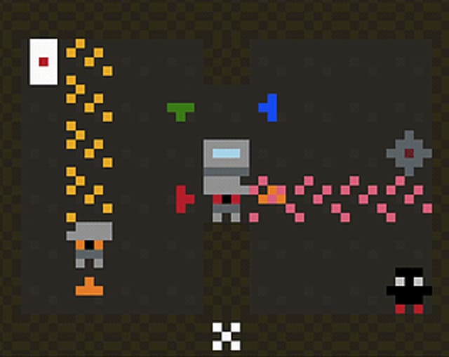 Top-down grid view of a prison: a grey robot guard, a line of pink laser dots, and a small black thief.