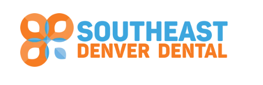 The Southeast Denver Dental logo in the header of their website: an orange and blue four-lobed tooth mark beside the name in blue and orange capitals.